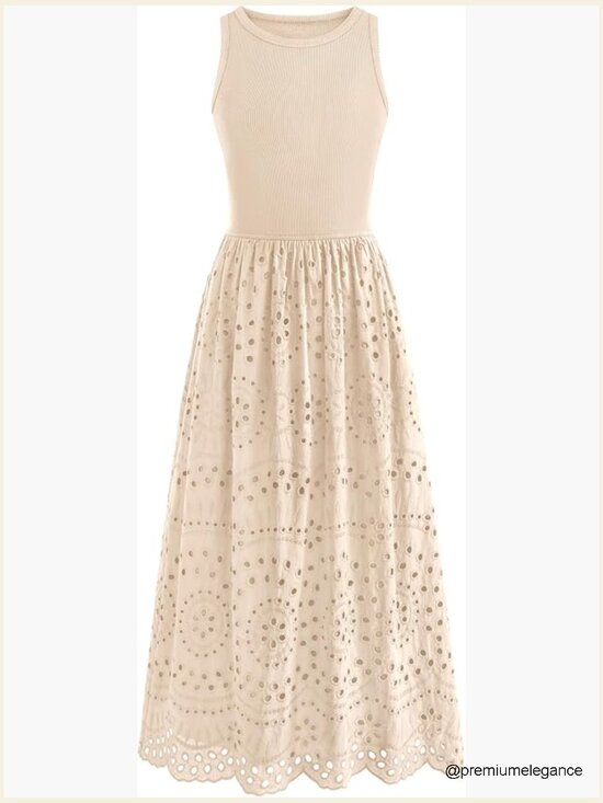 Dresses & Skirts - Sleeveless A-Line Maxi Dress with Lace Eyelet and Pockets, Cotton Blend